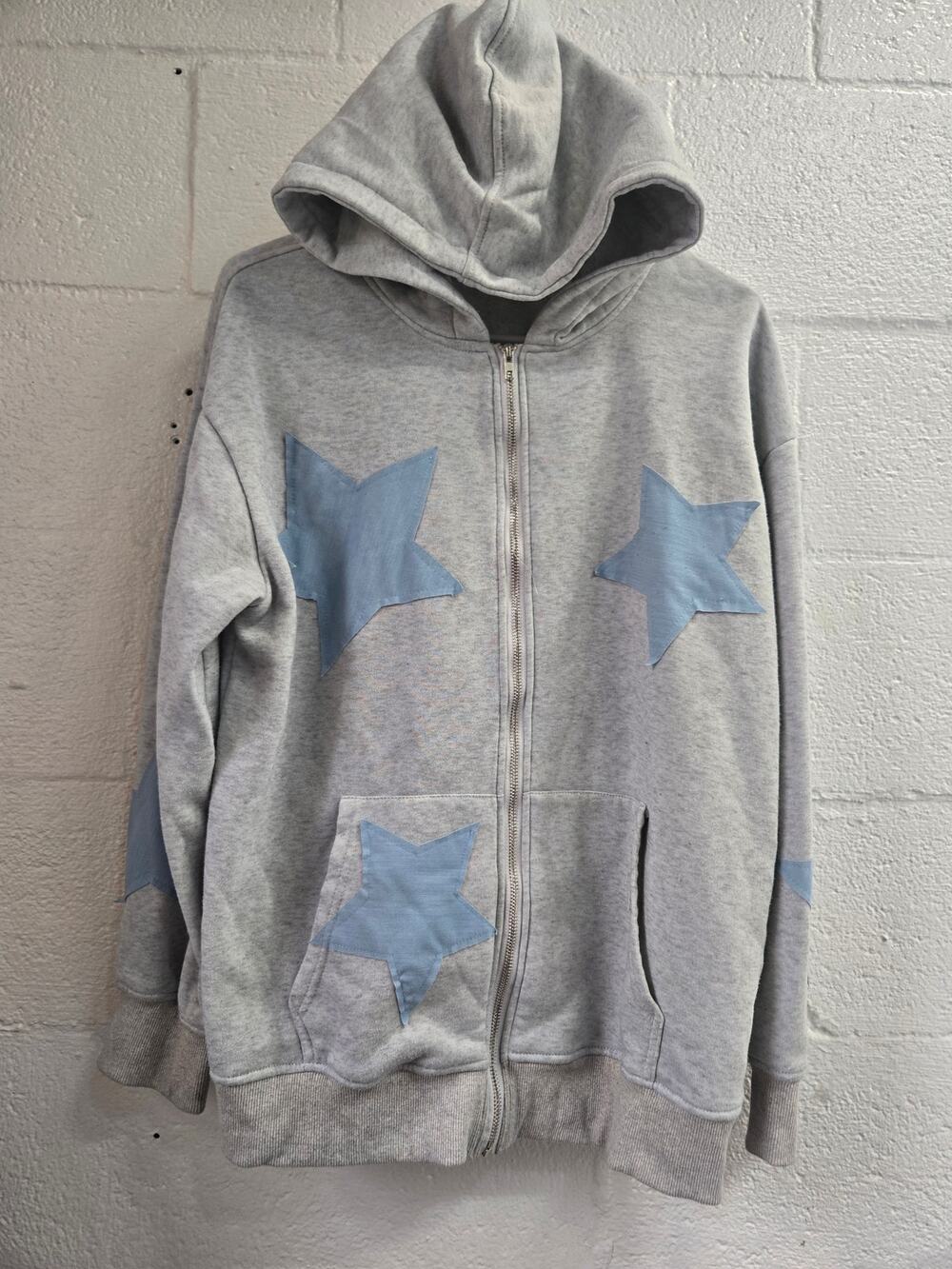 SHEIN Mens Small Gray Blue Zip Hoodie Star Graphic Casual Sweatshirt